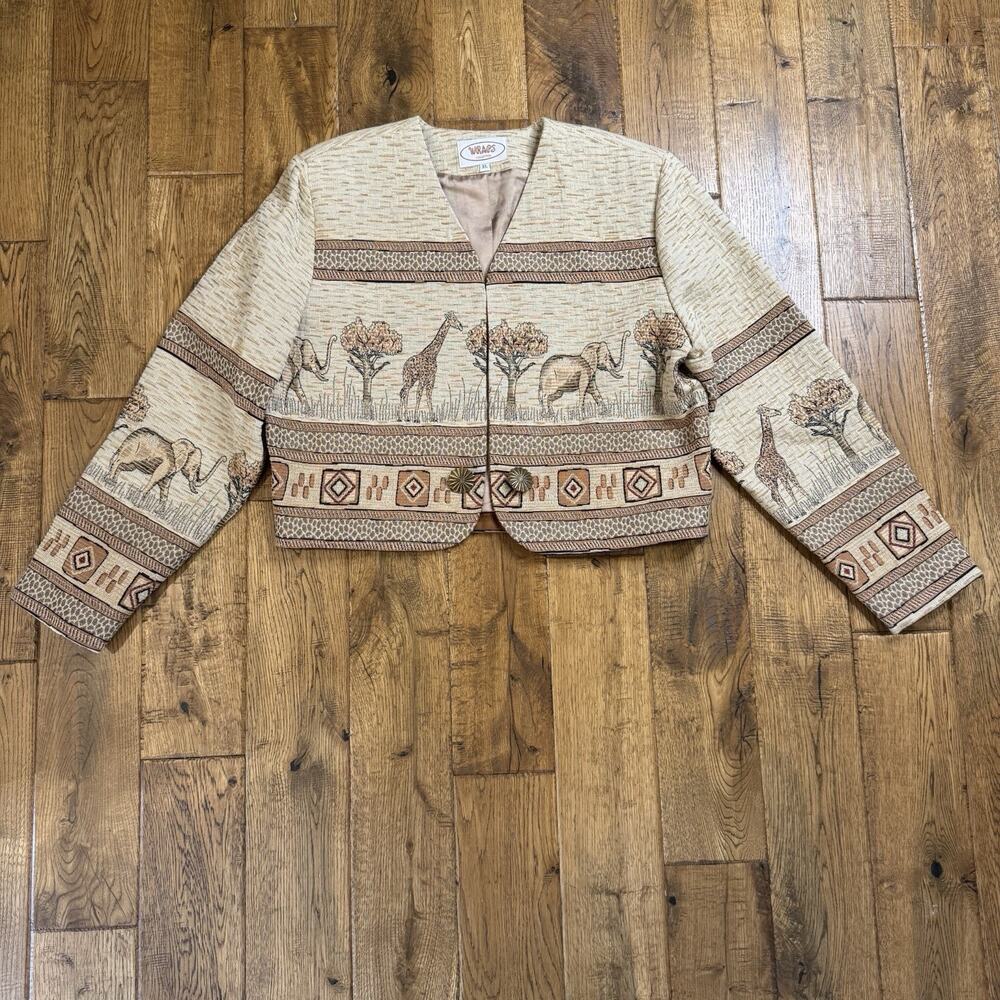 Vintage 80s Wraps Collection Jacket Blazer Tapestry Womens XL Safari Animals